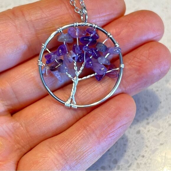 Crushed Stone Silver Color Tree Of Life Necklace - Picture 3 of 7